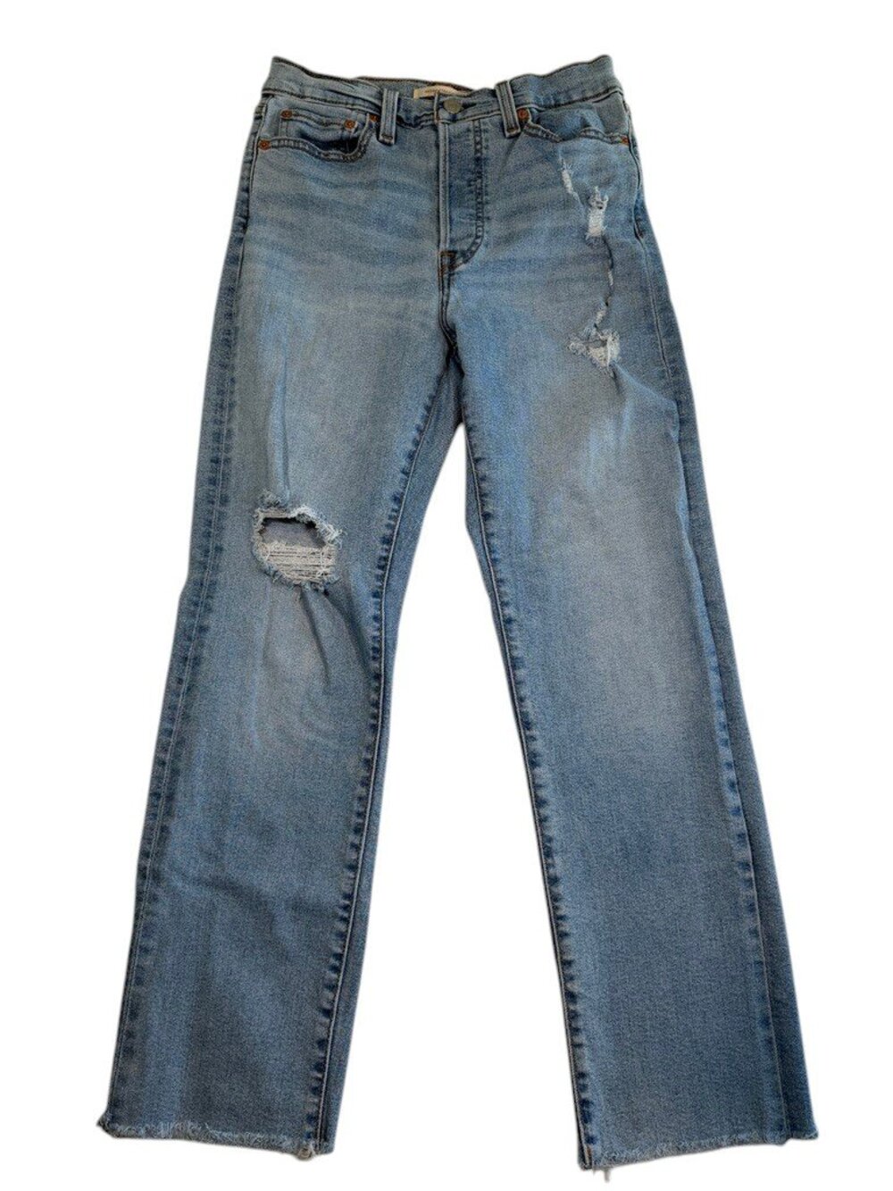 LEVIS Wedgie Straight Button Fly Distressed Denim Blue Jeans 27